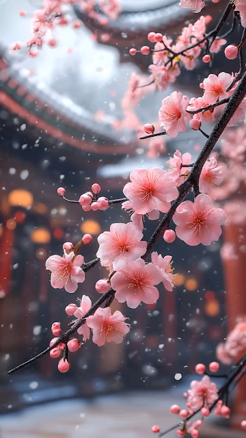 Pink Cherry Blossoms in Snowy Traditional Courtyard - Free 4K & 8K Mobile Wallpaper