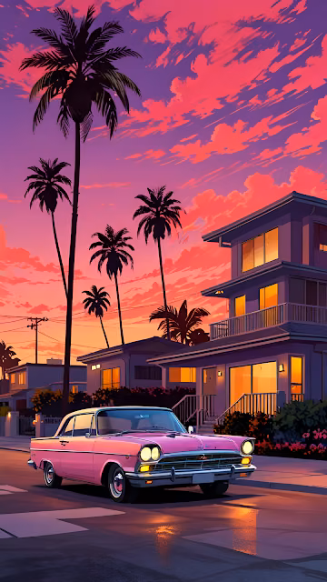 Pink Classic Car Under Neon Sunset Palm Trees Aesthetic - Free 4K & 8K Mobile Wallpaper