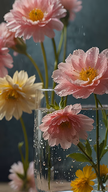 Pink Daisy Flowers in Glass Vase with Water Droplets - Free 4K & 8K Mobile Wallpaper
