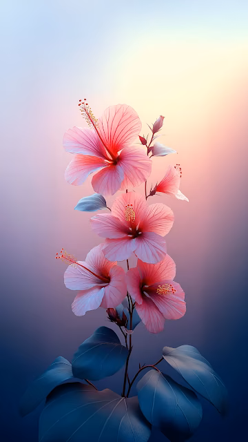 Pink Hibiscus Flowers Blooming Against Gradient Sky - Free 4K & 8K Mobile Wallpaper