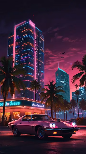 Pink Muscle Car in Neon City with Palm Trees at Night - Free 4K & 8K Mobile Wallpaper