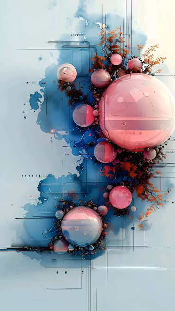 Pink Spheres Abstract Tech Watercolor Fusion Art - Free 4K & 8K Mobile Wallpaper