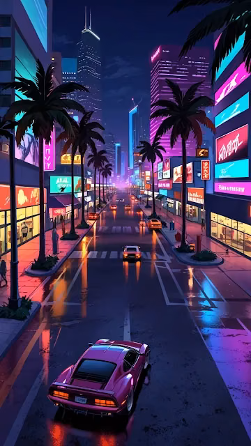 Pink sports car drives down neon-lit city street at night - Free 4K & 8K Mobile Wallpaper