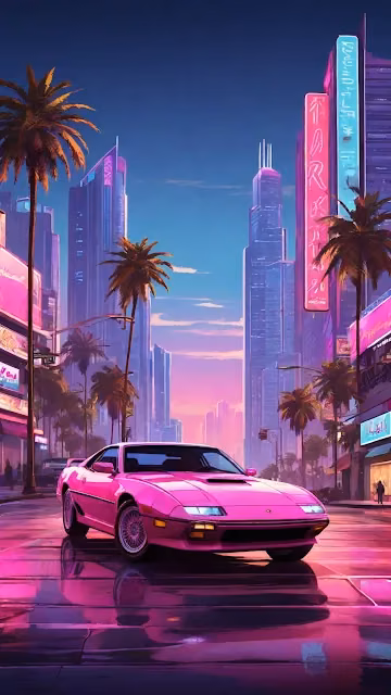Pink sports car gleams on wet street under neon city lights - Free 4K & 8K Mobile Wallpaper