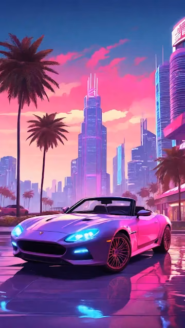 Pink Sports Car in Neon City with Palm Trees at Dusk - Free 4K & 8K Mobile Wallpaper