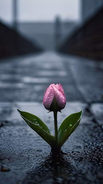 Pink Tulip Blooming on Rainy Urban Pavement - Free 4K & 8K Mobile Wallpaper