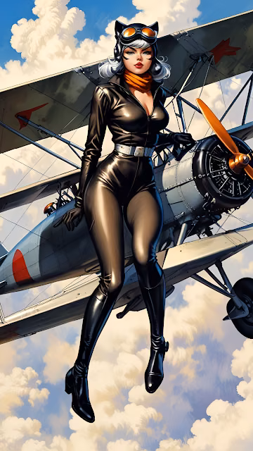 Pinup Woman in Leather Flight Suit on Vintage Biplane - Free 4K & 8K Mobile Wallpaper