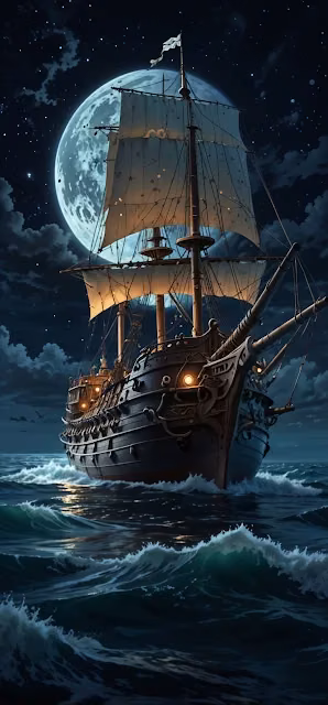 Pirate Ship Sailing Under Full Moon - Free 4K & 8K Mobile Wallpaper