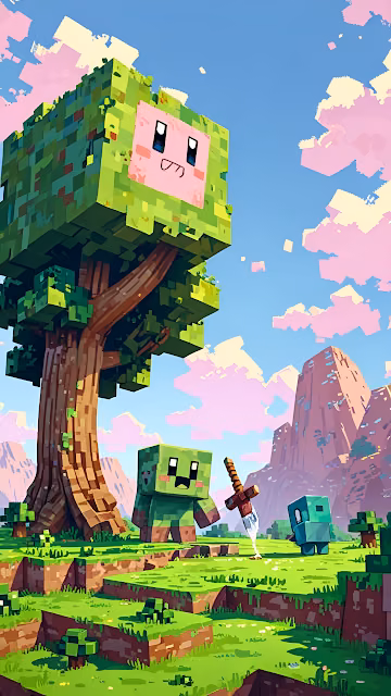 Pixel Art Tree with Face and Blocky Characters in Fantasy World - Free 4K & 8K Mobile Wallpaper
