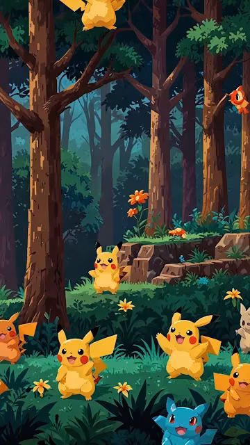 Playful Pikachu Gathering in Mysterious Deep Forest Anime Art - Free 4K & 8K Mobile Wallpaper