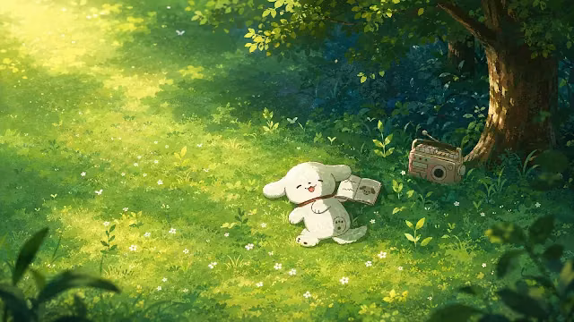 Pochacco relaxes on a sunlit grassy field beside an open book and retro radio. White cartoon dog rolling on sunny green grass next to an open book, retro radio, and tree.
