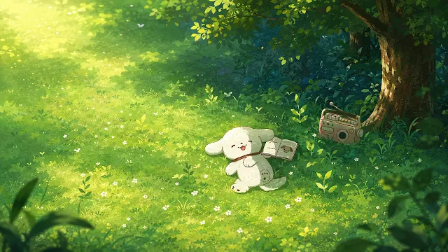 Pochacco relaxes on a sunlit grassy field beside an open book and retro radio. White cartoon dog rolling on sunny green grass next to an open book, retro radio, and tree.