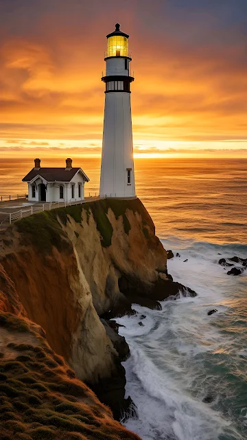 Tall white lighthouse on a rocky cliff over ocean waves under a vibrant orange sunset sky.