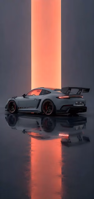 Silver Porsche 911 GT3 RS parked before an illuminated orange vertical light strip. Rear quarter angle of a grey Porsche GT3 RS with red accents reflecting on wet studio floor.