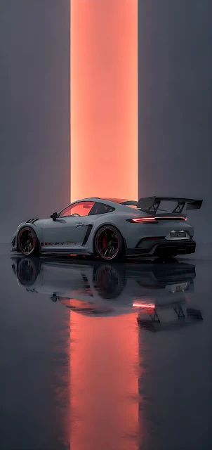 Silver Porsche 911 GT3 RS parked before an illuminated orange vertical light strip. Rear quarter angle of a grey Porsche GT3 RS with red accents reflecting on wet studio floor.