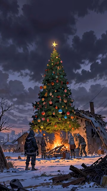 Post-Apocalyptic Christmas Tree in Snow - Free 4K & 8K Mobile Wallpaper