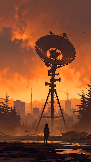 Post Apocalyptic Satellite Dish Orange Sunset Cityscape - Free 4K & 8K Mobile Wallpaper