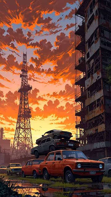 Post Apocalyptic Sunset Ruined City Stacked Cars Art - Free 4K & 8K Mobile Wallpaper