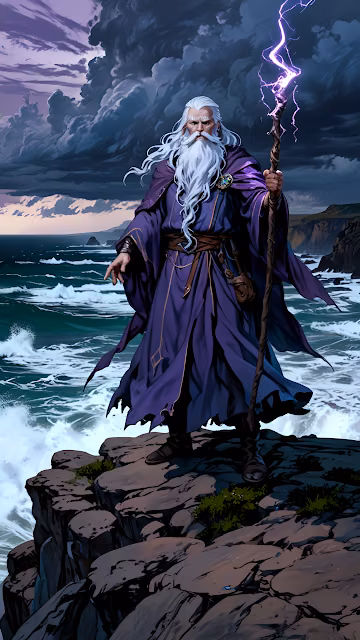 Powerful Wizard on Stormy Cliff Edge Purple Magic Staff - Free 4K & 8K Mobile Wallpaper