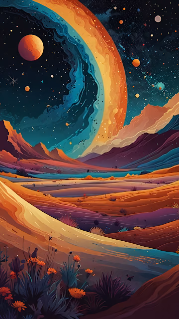 Psychedelic Cosmic Desert Landscape Rainbow Ring Art - Free 4K & 8K Mobile Wallpaper