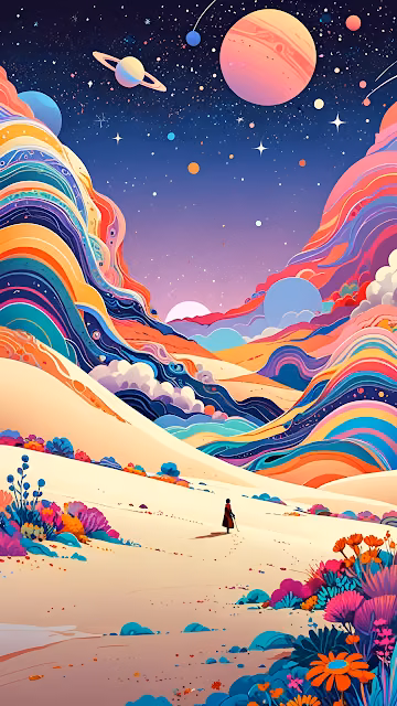 Psychedelic Desert Valley with Cosmic Planets and Flowing Hues - Free 4K & 8K Mobile Wallpaper