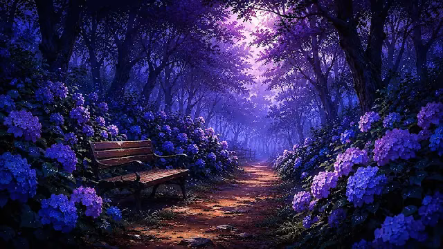 A wooden park bench alongside a dirt trail bordered by blooming purple hydrangeas beneath moonlight in a misty forest.