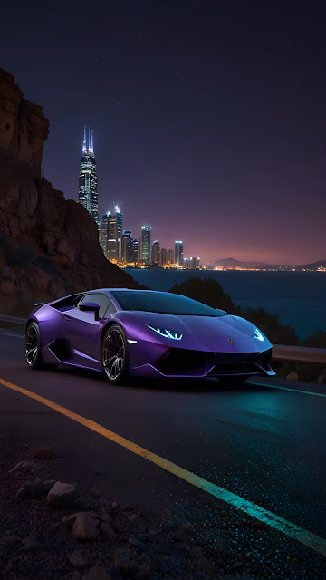 Purple Lamborghini Supercar Night Drive City Skyline View - Free 4K & 8K Mobile Wallpaper