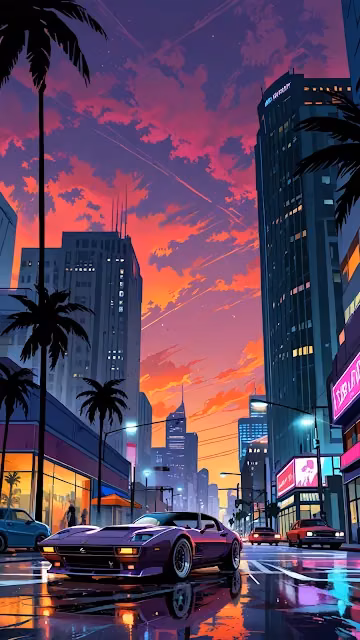 Purple Retro Car Driving Through Neon Sunset City - Free 4K & 8K Mobile Wallpaper