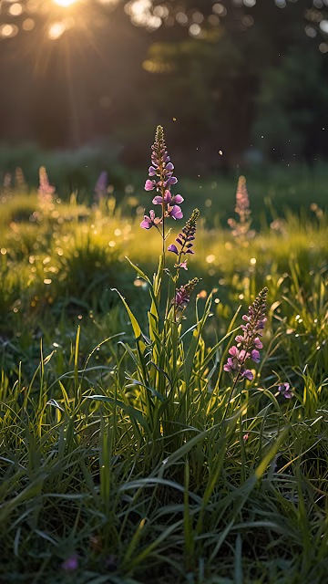 Purple Wildflowers in Golden Hour Meadow Sunlight Bokeh - Free 4K & 8K Mobile Wallpaper