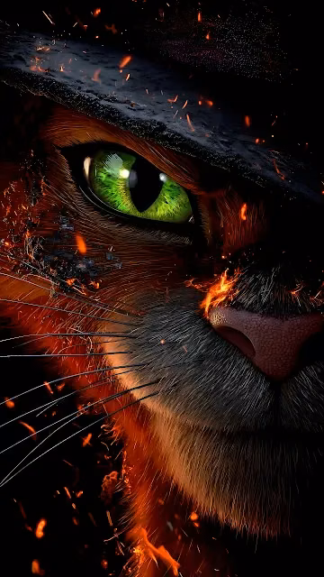 Intense close-up of Puss in Boots featuring a piercing green eye amid glowing ember sparks. Close-up portrait of Puss in Boots showing a bright green feline eye, black hat, and flying fire embers.
