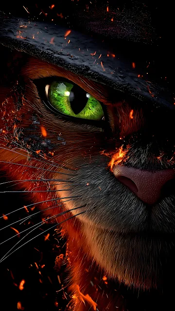 Close-up portrait of Puss in Boots showing a bright green feline eye, black hat, and flying fire embers.