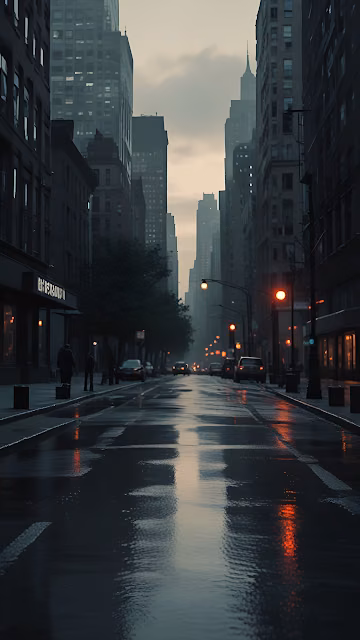 Rain-Slicked City Street at Dusk with Towering Skyscrapers - Free 4K & 8K Mobile Wallpaper