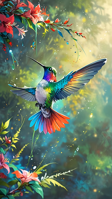 Rainbow Hummingbird Tropical Jungle Vibrant Illustration - Free 4K & 8K Mobile Wallpaper