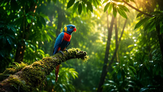 Rainbow lorikeet perching on a moss-covered tree branch in a dense tropical rainforest.