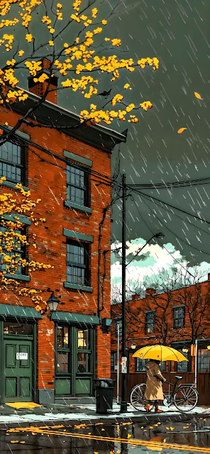 Rainy Autumn City Street Red Brick Building Illustration - Free 4K & 8K Mobile Wallpaper