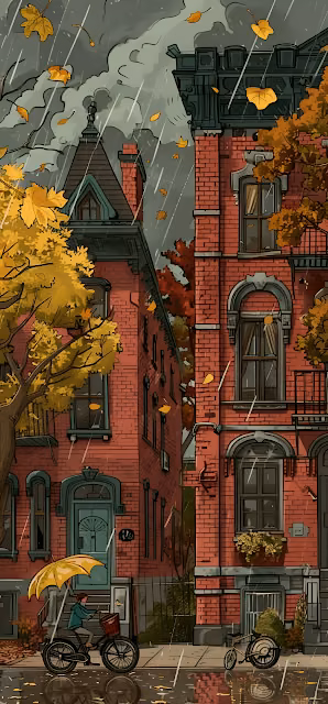 Rainy Autumn Day City Street Red Brick Townhouses Illustration - Free 4K & 8K Mobile Wallpaper