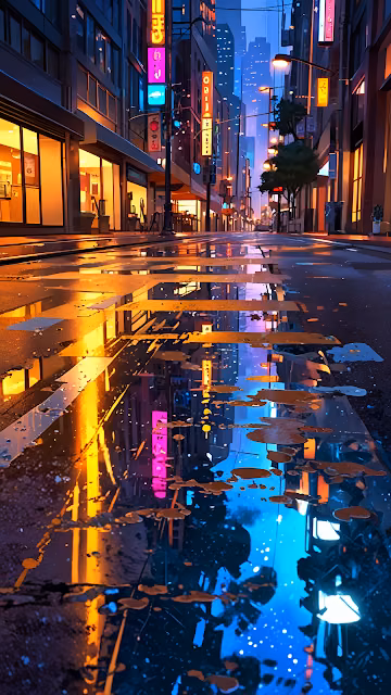 Rainy City Street with Neon Reflections in Puddles - Free 4K & 8K Mobile Wallpaper