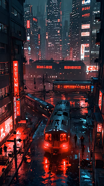 Rainy Cyberpunk City with Trains and Neon Signs at Night - Free 4K & 8K Mobile Wallpaper
