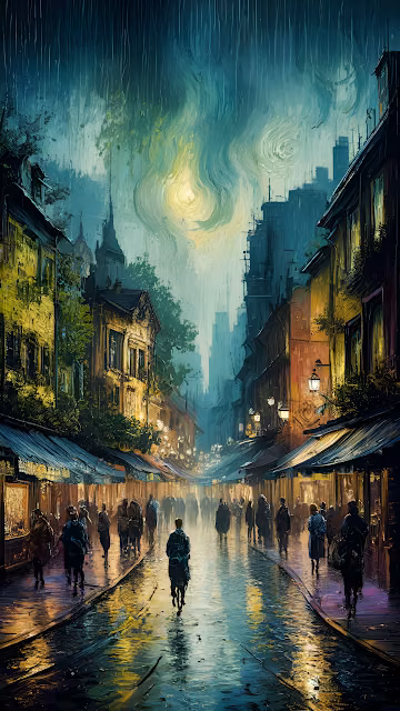 Rainy European City Street Painting Van Gogh Style Night Scene - Free 4K & 8K Mobile Wallpaper