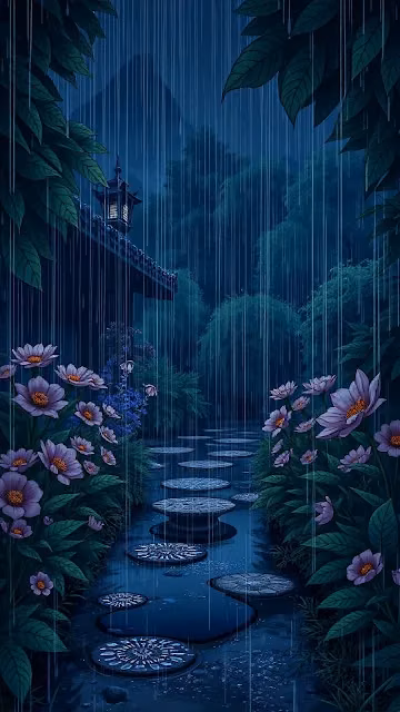 Rainy Garden Path with Stone Steps and Lantern - Free 4K & 8K Mobile Wallpaper