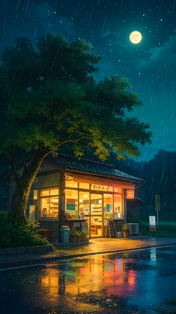 Warm light emanating from a Japanese storefront on a wet asphalt street under rain and a full moon.