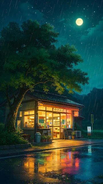 Illuminated Japanese convenience store glowing warmly on a wet street during a rainy night. Warm light emanating from a Japanese storefront on a wet asphalt street under rain and a full moon.