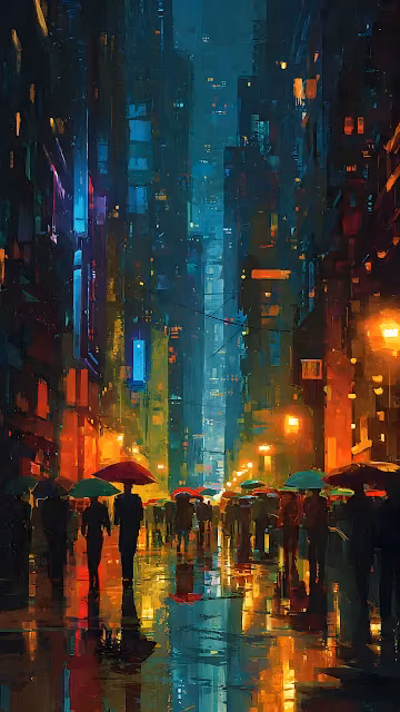 Rainy Neon City Street Impressionist Painting Reflections - Free 4K & 8K Mobile Wallpaper