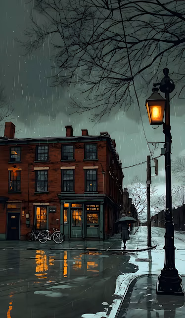 Rainy Street Scene with Glowing Lantern and Lonely Walker - Free 4K & 8K Mobile Wallpaper