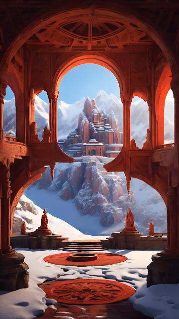 Red Archway Framing Snowy Mountain Temple at Sunset - Free 4K & 8K Mobile Wallpaper