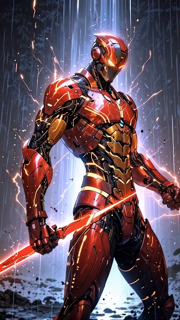 Red Armored Hero Wielding Energy Sword in Rain - Free 4K & 8K Mobile Wallpaper