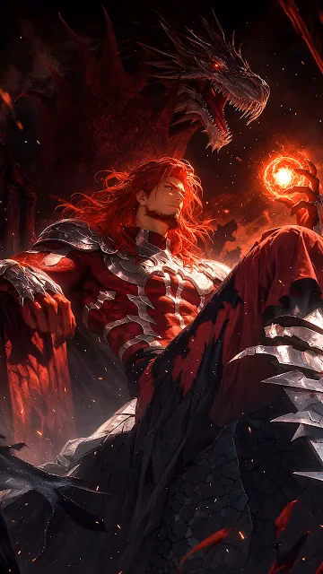 Red-haired dragon warlord seated on a stone throne summoning a glowing energy sphere. Red-haired warrior in crimson armor sitting on a throne next to a massive dragon holding a ball of fire.