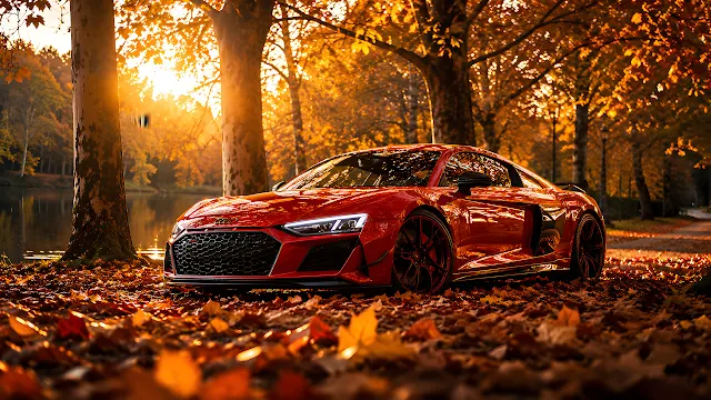 Red Audi R8 sports car parked on a carpet of golden autumn leaves in a forest. Red Audi R8 supercar parked on fallen autumn leaves with trees and a lake in the background at sunset.