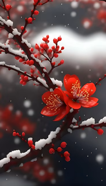 Red Blossoms on Snow-Dusted Branches in Winter - Free 4K & 8K Mobile Wallpaper