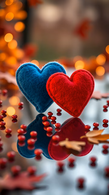 Red and blue felt hearts rest on reflective surface with bokeh - Free 4K & 8K Mobile Wallpaper